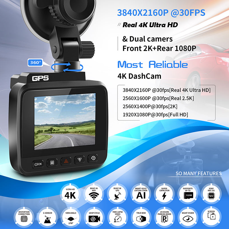 4K ULTRA HD Sony IMX335 Sensor Front & Rear Dash Cam-GPS Night  VISION